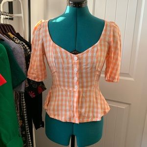 S Urban Outfitters Orange Gingham Peplum Top